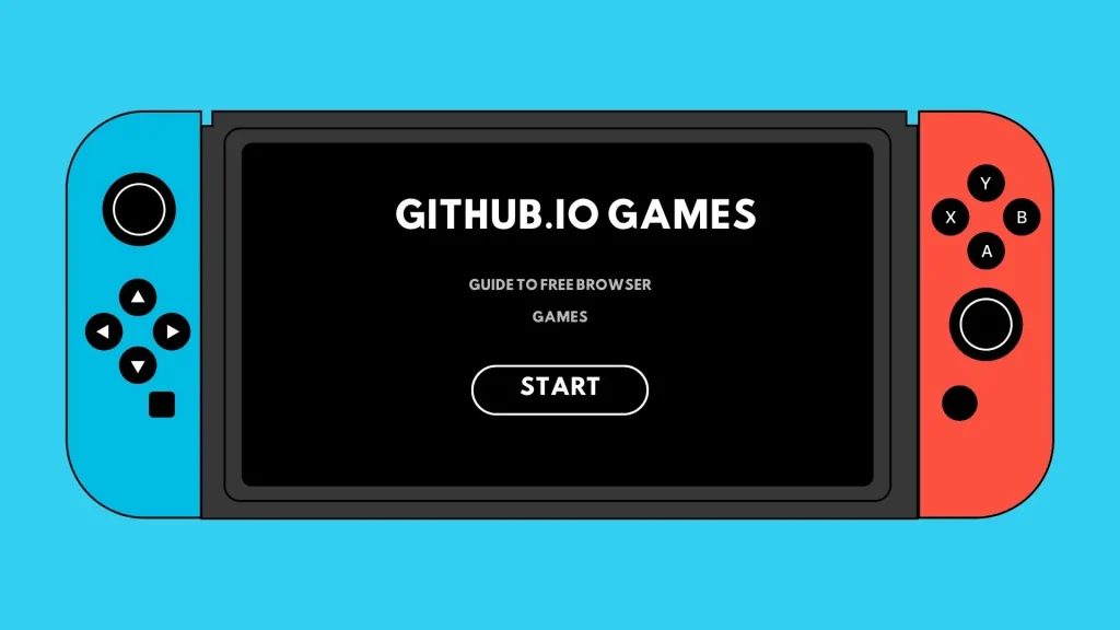 A handheld gaming console with blue and red controllers is displayed against a turquoise background. The screen reads "GitHub.io Games" with a "Start" button.
